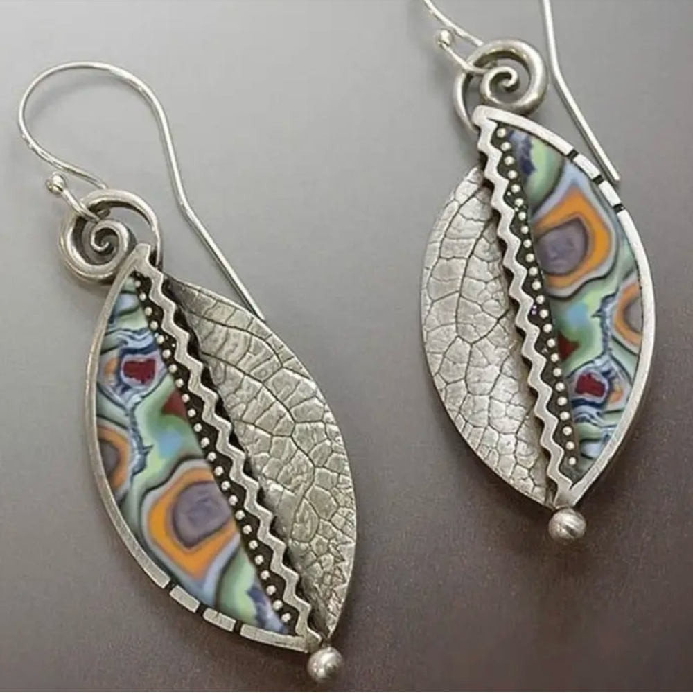 New, Bogo, Silver and Multicolor Leaf wire hook Earrings